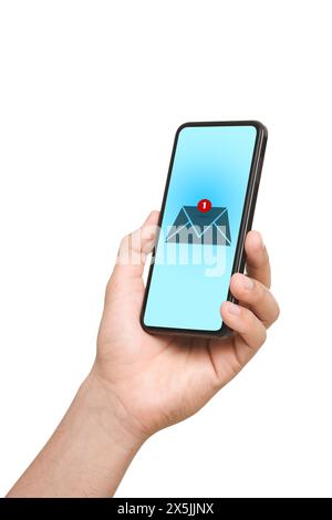 Notifica di un nuovo messaggio. Uomo con cellulare su sfondo bianco, primo piano Foto Stock