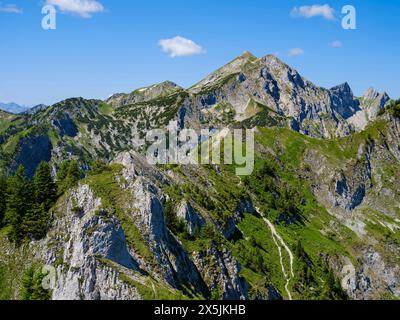 Vista verso il monte Hochplatte, Mt. Vorderscheinberg e una dolina chiamata Kessel. Parco naturale delle Alpi Ammergau (Ammergau Alpen) nelle Alpi calcaree settentrionali dell'alta Baviera, Germania. Foto Stock