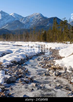 Vista verso il monte Daniel. La piana alluvionale di ghiaia protetta Friedergries nelle Alpi Ammergau (Ammergau Alpen) nelle Alpi calcaree settentrionali dell'alta Baviera, Germania. Foto Stock