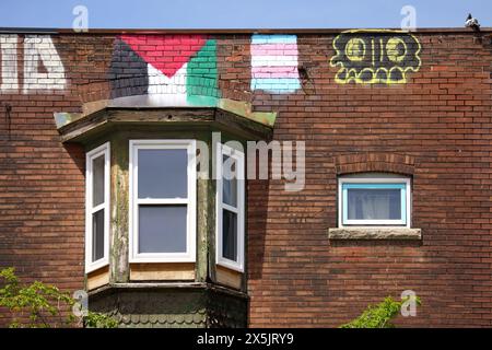 La bandiera palestinese dipinge graffiti nel vecchio muro dell'edificio, Toronto, Canada Foto Stock