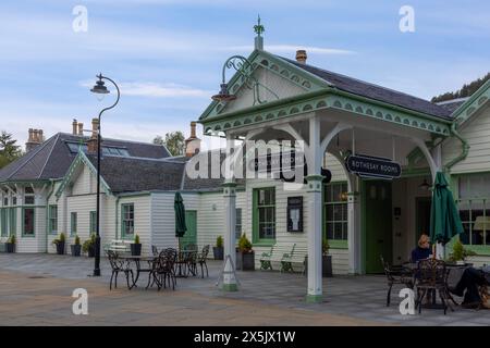 La stazione ferroviaria di Ballater è un'ex stazione nel villaggio di Ballater nell'Aberdeenshire, in Scozia. Foto Stock