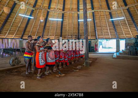 Vista dello spettacolo musicale e di danza Swazi, Mantenga Cultural Village, un tradizionale insediamento Eswatini, Malkerns, Eswatini, Africa Copyright: Frankx Foto Stock