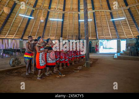 Vista dello spettacolo musicale e di danza Swazi, Mantenga Cultural Village, un tradizionale insediamento Eswatini, Malkerns, Eswatini, Africa Copyright: Frankx Foto Stock