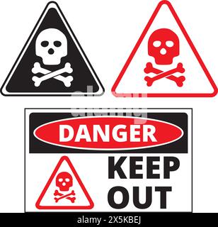 Banner di pericolo con teschi e testo su sfondo bianco Illustrazione Vettoriale