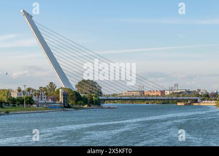 Il ponte Alamillo sul fiume Guadalquivir, vicino al centro di Siviglia, Spagna Foto Stock