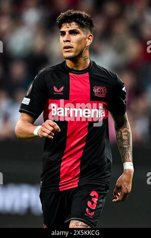 Leverkusen, Germania. 9 maggio 2024. Bay Arena, 09.05.24: Piero Hincapie' (3 Bayer 04 Leverkusen) durante la semifinale di UEFA Europa League andata e ritorno tra AS Roma e Bayer 04 Leverkusen alla Bay Arena di Leverkusen, Germania. Calcio (Cristiano Mazzi/SPP) credito: SPP Sport Press Photo. /Alamy Live News Foto Stock