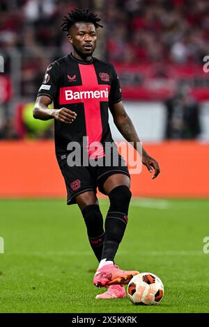 Leverkusen, Germania. 9 maggio 2024. Bay Arena, 09.05.24: Edmond Tapsoba (12 Bayer 04 Leverkusen) durante la semifinale di UEFA Europa League contro L'AS Roma e il Bayer 04 Leverkusen alla Bay Arena di Leverkusen, Germania. Calcio (Cristiano Mazzi/SPP) credito: SPP Sport Press Photo. /Alamy Live News Foto Stock