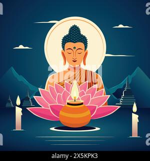 Illustrazione di buddha purnima. Buddha meditava davanti a un fiore di loto. sfondo scuro del tempio. Asadha purnima, buddha purnima. giorno vesak. Illustrazione Vettoriale