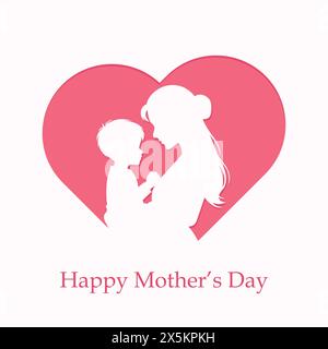 Illustrazione vettoriale giorno della madre su sfondo bianco. Mamma che tiene in braccio il cuore isolato su un modello di sfondo bianco. mamma che tiene in mano il figliolo silhouette. Illustrazione Vettoriale