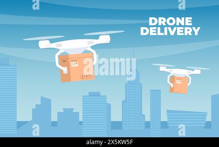 Drone di consegna con la scatola di cartone che sorvola la città. Quadricottero che trasporta un pacchetto al cliente. Innovazione tecnologica delle spedizioni. Drone delive Illustrazione Vettoriale