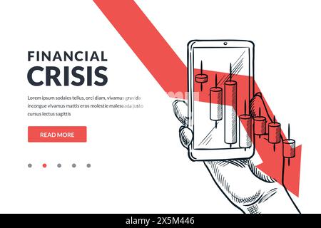 Mano che tiene il telefono cellulare con grafico del mercato azionario finanziario in calo su sfondo con freccia rossa. Illustrazione dello schizzo vettoriale disegnata a mano. Investimento lo Illustrazione Vettoriale