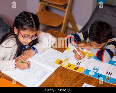 I fratelli facendo i compiti di scuola Foto Stock