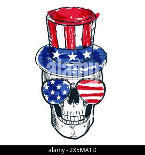 Teschio in cappello e occhiali con motivo a bandiera USA. Illustrazione di schizzo ad acquerello disegnata a mano isolata su sfondo bianco. Stampa grafica, banner, Illustrazione Vettoriale