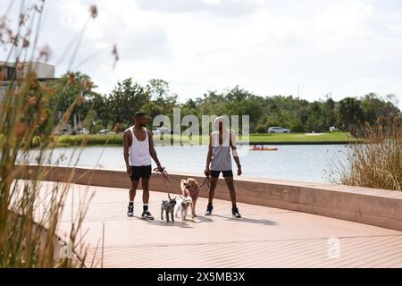 USA, Louisiana, coppia gay che cammina sul lungomare con cani Foto Stock