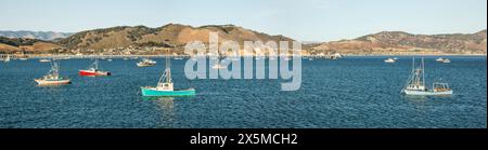 USA, California, costa centrale, Avila Beach. Panorama delle barche ormeggiate a Port San Luis Foto Stock