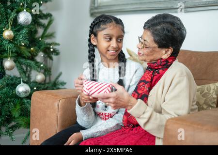 Ragazza sorridente con nonna che regge un regalo di Natale Foto Stock