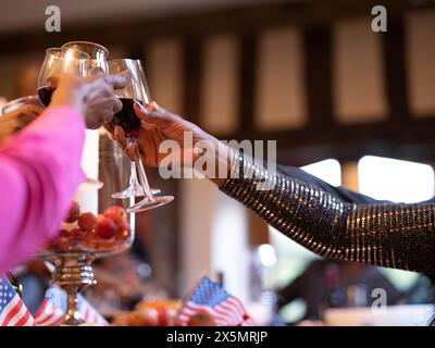 Brindisi di famiglia con vino rosso Foto Stock