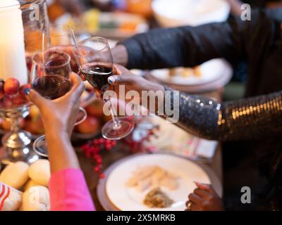 Brindisi di famiglia con vino rosso Foto Stock