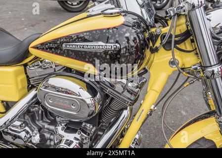 La Yellow Harley Davidson ha parcheggiato tra le altre motociclette nel mercato di Settle, nel North Yorkshire. Maggio 2024 Foto Stock