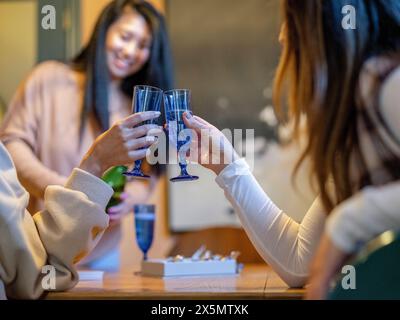 Amiche che fanno un brindisi celebrativo a casa Foto Stock