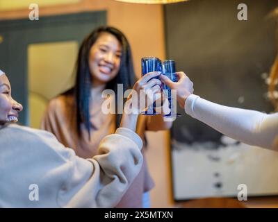 Amiche che fanno un brindisi celebrativo a casa Foto Stock