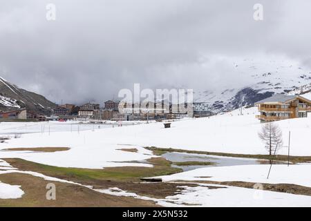 La flora emerge lentamente da sotto la neve a metà primavera, dopo che tutti gli sciatori hanno lasciato la stazione sciistica francese protetta dalle nuvole delle Alpi di Tignes. Foto Stock