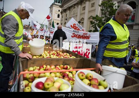 Gli agricoltori che protestavano hanno consegnato tonnellate di mele polacche alla gente durante la protesta contro il Green Deal dell'Unione europea. I sindacati polacchi, gli agricoltori e gli oppositori del governo polacco pro-Unione europea si sono riuniti nel centro di Varsavia per protestare contro il Green Deal e le politiche climatiche dell'Unione europea. La marcia è stata organizzata dal sindacato indipendente autonomo "solidarietà” (NSZZ "Solidarnosc”) che rappresenta gli interessi degli agricoltori, che si oppongono fermamente alle politiche climatiche dell'UE, e dal partito conservatore nazionale di opposizione diritto e giustizia. (Foto di Attila Husejnow/SOPA Images/Sipa USA) Foto Stock