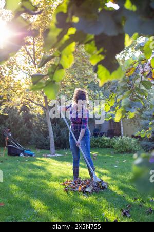 Giovane donna che raccoglie le foglie cadute dagli alberi in giardino in autunno con il rastrello Foto Stock