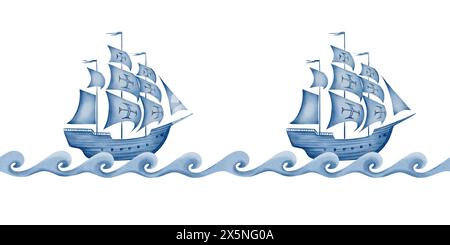 Una vecchia barca a vela sulle onde stilizzate bordo senza cuciture, silhouette semplice nei colori blu e bianco. Illustrazione in stile acquerello per la stampa Foto Stock