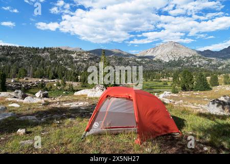 Tenda rossa nel campo di campagna di Bridger Wilderness, Wind River Range, Wyoming. Foto Stock