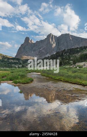 War Bonnet e Warrior Peaks si riflettono nel torrente che sfocia nel lago Lonesome nel Cirque of the Towers. Popo Agie Wilderness, Wind River Range, Wyoming. Foto Stock