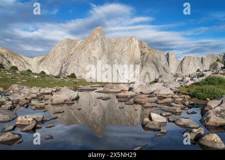 Il picco dell'imboscata visto da tarn sopra il lago Pyramid. Bridger Wilderness. Wind River Range, Wyoming. Foto Stock