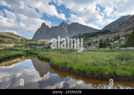 War Bonnet e Warrior Peaks si riflettono nel torrente che sfocia nel lago Lonesome nel Cirque of the Towers. Popo Agie Wilderness, Wind River Range, Wyoming. Foto Stock