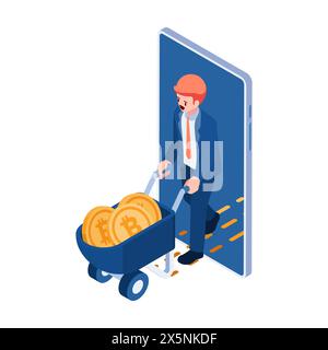 Uomo d'affari isometrico in 3d con Wheelbarrow pieno di Bitcoin. Bitcoin Mining e Cryptocurrency Investment Concept. Illustrazione Vettoriale