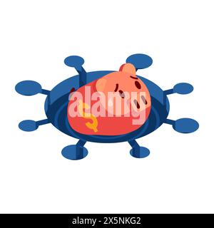 Flat 3d Isometric Piggy Bank annegato all'interno del virus Covid-19. Crisi finanziaria durante la pandemia di virus Covid-19 Illustrazione Vettoriale