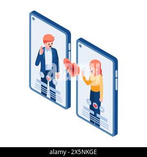 Incontro isometrico di uomo e donna in 3d sull'app di incontri online. Concetto di applicazione del servizio di incontri online Illustrazione Vettoriale