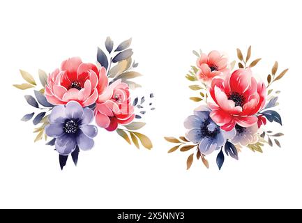 Set di rami floreali. Rosso fiore, borgogna, rosa blu scuro, foglie verdi. Concetto di matrimonio con fiori. Poster floreale, invito. Disposizioni vettoriali per Illustrazione Vettoriale