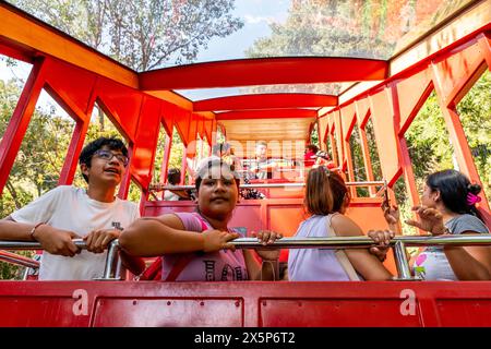 I turisti prendono la funicolare fino alla cima di Cerro San Cristobal, Santiago, Cile, Foto Stock