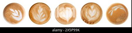 Schiuma di caffè con latte art isolata su bianco, vista dall'alto Foto Stock