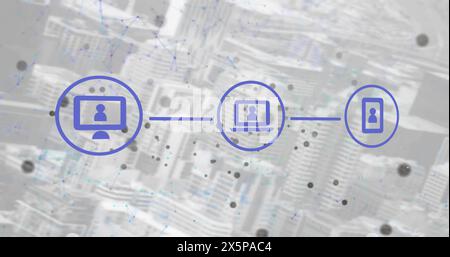 Immagine di icone nel diagramma di flusso, punti collegati che formano forme geometriche sul paesaggio urbano Foto Stock