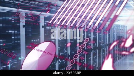 Immagine di grafici, globo e linguaggio informatico su barre dei rack server di dati Foto Stock