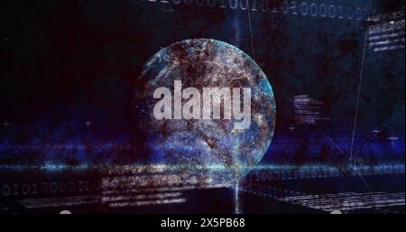 Immagine dell'elaborazione dei dati finanziari, della codifica binaria e del globo su schermo digitale Foto Stock