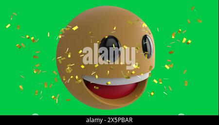 Immagine di coriandoli che cadono sopra l'icona emoticon sorridente sullo schermo verde Foto Stock