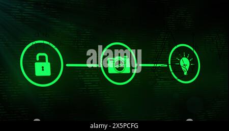 Immagine della rete di connessioni con icone su equazioni matematiche su sfondo nero Foto Stock