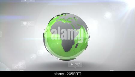 Immagine delle icone dei social media e dei punti luce sul globo rotante su sfondo grigio Foto Stock