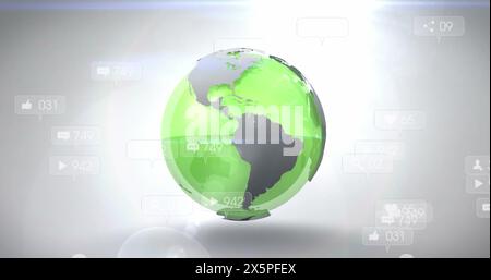 Immagine delle icone dei social media e dei punti luce sul globo rotante su sfondo grigio Foto Stock