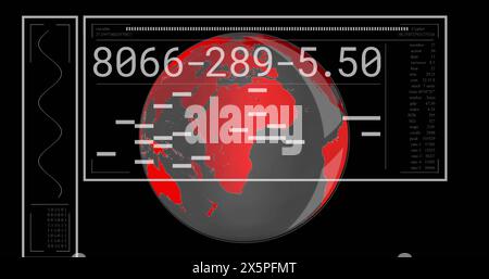 Immagine dell'interfaccia con elaborazione dei dati su globo rotante su sfondo nero Foto Stock