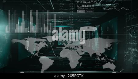 Immagine di grafici, cerchi e numeri sulla mappa rispetto alle equazioni matematiche sullo sfondo Foto Stock