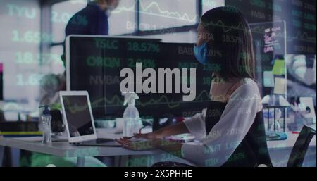 Immagine di un tabellone commerciale su una donna d'affari birazziale che indossa una maschera che lavora su un computer portatile Foto Stock