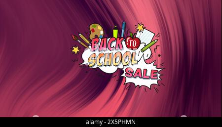 Immagine del banner di testo Back to School sale su sfondo sfumato viola con texture astratte Foto Stock